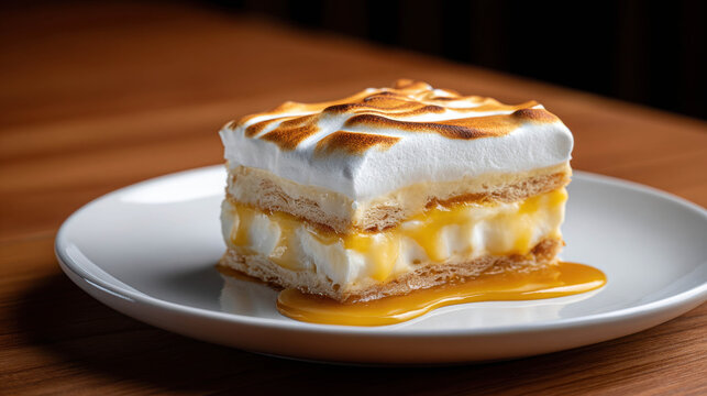 Realistic depiction of traditional Peruvian suspiro lime&ntilde;o dessert on a plate, showcasing layers of textures and flavors for culinary appreciation.