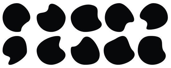 Fototapeta premium Black organic blob shapes collection with smooth rounded forms for labels stickers and backgrounds. Blob shapes black collection vector design elements isolated. Isolated on a white background.