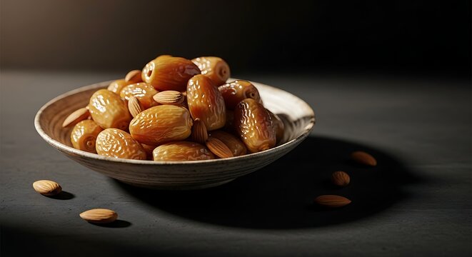 Delicious Medjool Dates and Almonds in a Rustic Bowl with Dramatic Lighting