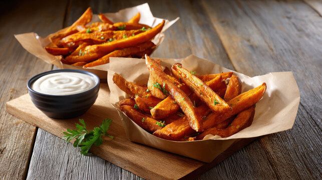 Realistic Depiction of Delicious Sweet Potato Fries Served with Creamy Dipping Sauce on Rustic Wooden Surface