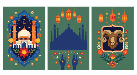 Obraz premium Islamic Art Triptych Mosque Lanterns and Ram Head Decorations