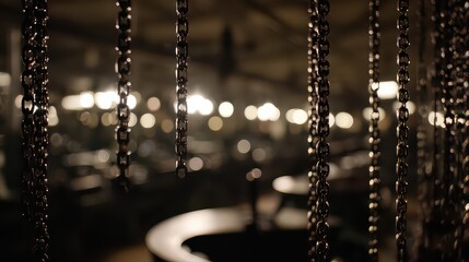 Abstract Hanging Chains in Dark Industrial Setting with Bokeh Lights Foreground and Blurred Background