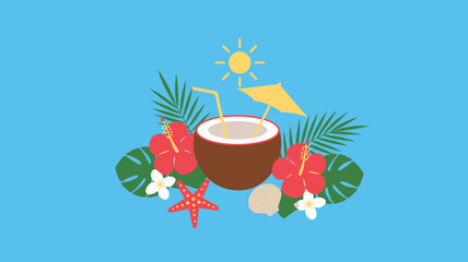 Tropical summer drink illustration with fresh coconut, hibiscus flowers, and palm leaves, sunny day vacation