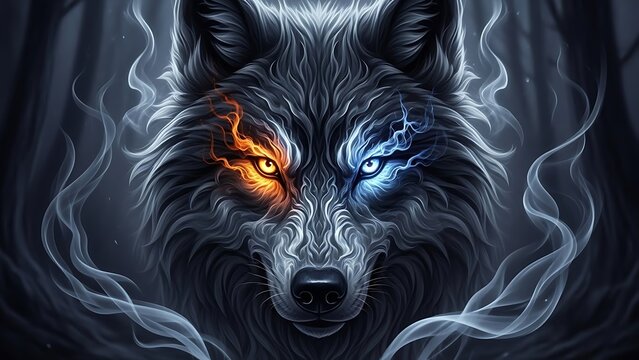 Intense portrait of a wolf with contrasting eyes, one fiery orange and the other icy blue, surrounded by swirling smoke, representing duality, power, and instinct.
