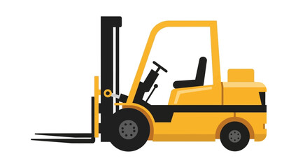 Industrial forklift vehicle illustration viewed from the side in a warehouse environment setting with operational machinery