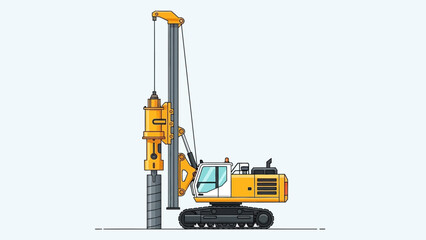 Heavy machinery operating a pile driver on a construction site, viewed from the side, in a daytime industrial environment