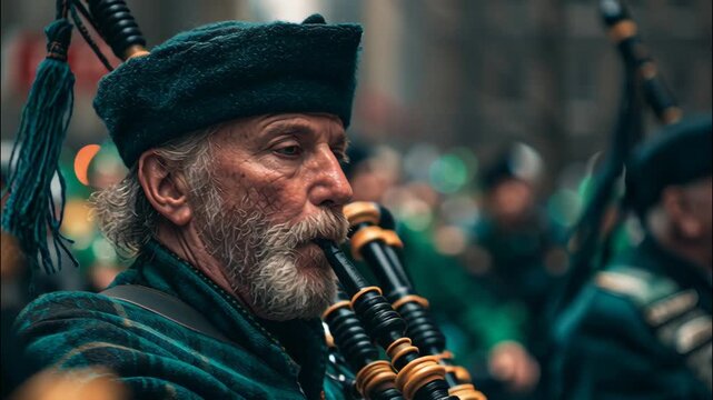 Elderly man playing bagpipes during a parade in traditional attire for St. Patrick's Day celebration  