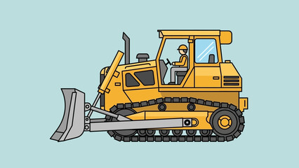 Yellow bulldozer with operator in cab, operating heavy machinery on construction site, industrial equipment in action, viewed from side © Mourning