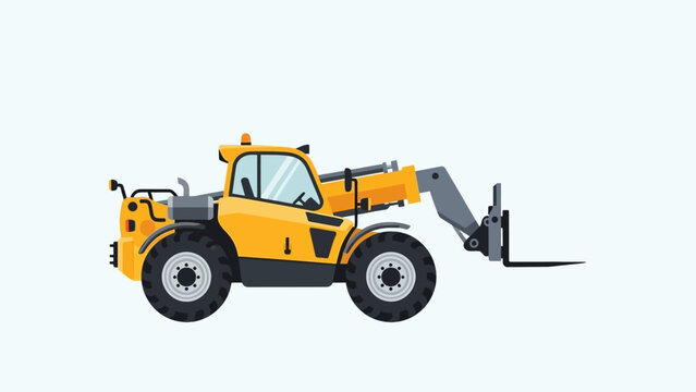 Telehandler operating on a construction site, lifting materials with its extended arm, viewed from the side in a graphic illustration