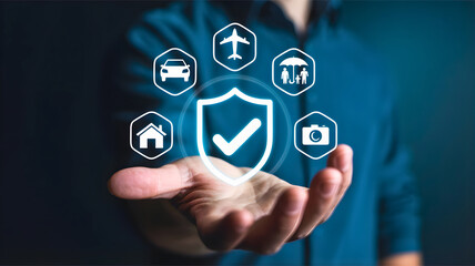 Fototapeta premium Comprehensive digital insurance solutions A hand presenting diverse protection concepts for modern life and future security, featuring various coverage options