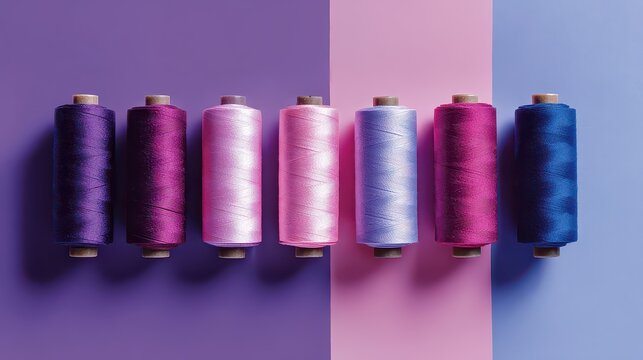 Spools of Shiny Thread in Gradating Shades of Purple and Pink on Contrasting Pastel Backgrounds Craft and Sewing Supply Still Life