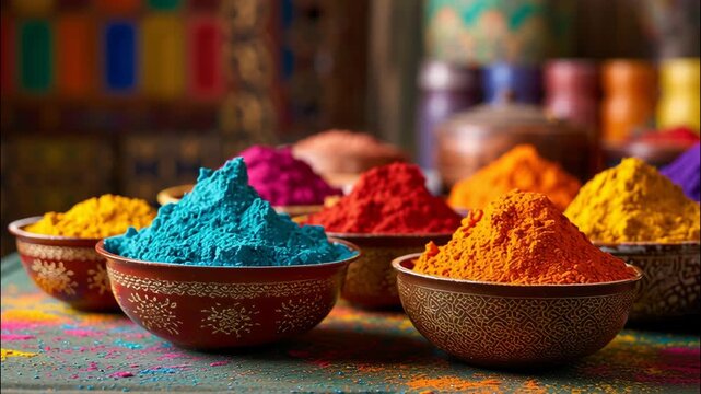 Colorful powdered pigments placed in bowls during the Indian festival of Holi  