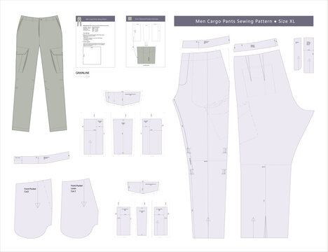 Mens cargo pants sewing fashion pattern size XL extra-large. Features bellows cargo pockets with flaps, front pockets, back pockets, knee pleats, zipper fly, and a waist-facing finish with no separate