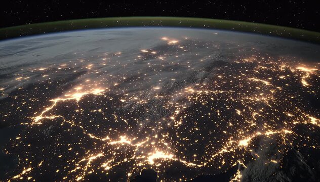 A nighttime view of the Earth with city lights glowing across the dark land, seen from space
