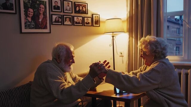 A heartfelt domestic scene where seniors learn video calling, reconnecting families across distance.