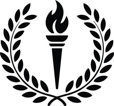 Minimalist black acanthus leaf wreath surrounding a torch enlightenment silhouette vector icon