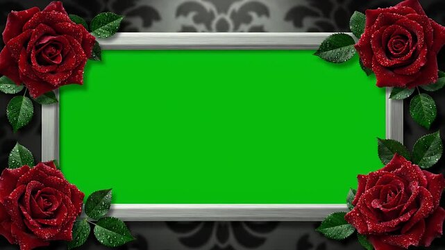 Elegant Green Screen Frame Decorated with Dark Red Roses and Silver Border, Perfect for Creative Projects