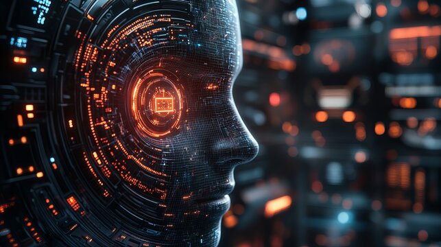 Futuristic AI-powered neural data grid visualization of a robotic face