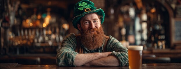 Fototapeta premium Bearded irish man in green leprechaun hat sitting at pub counter with pint of beer for St. Patrick's Day