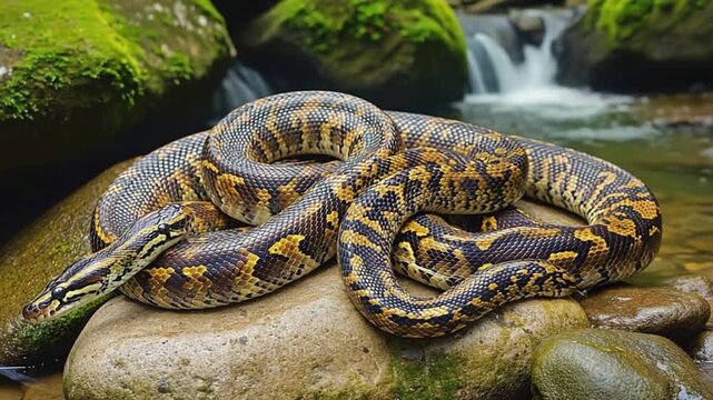 Snake resting on rocks by serene waterfall