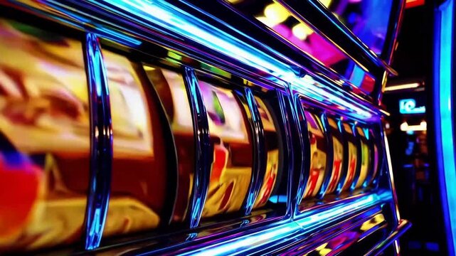 Animation of casino slot machine reels landing on triple seven symbols.