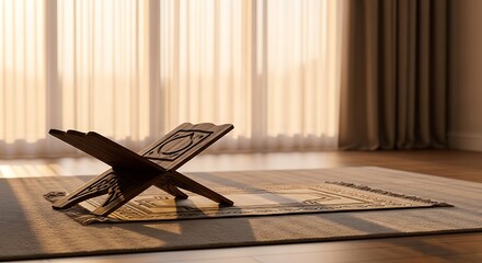 Traditional Wooden Rehal Book Stand on Prayer Rug for Holy Quran Reading