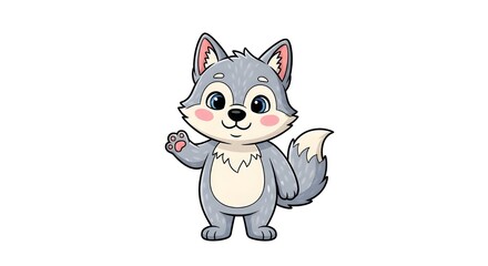 Obraz premium Cute Little Grey Wolf Pup Waving Hand Cartoon Character Isolated Illustration