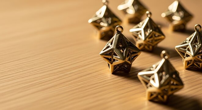 Golden Geometric Star Charms on Wood Background with Copy Space