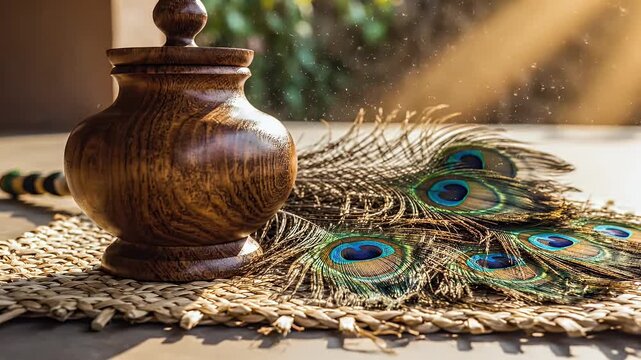 Dashlakshan Parva Wooden Kamandal and Peacock Feather Broom on Mat