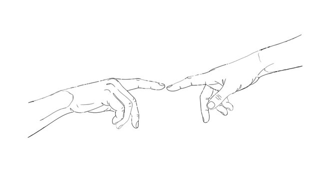 Minimalist line drawing of two hands reaching towards each other.