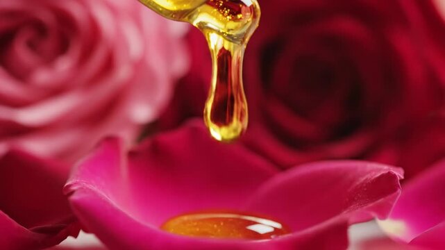 Golden Serum Dropping Onto Pink Rose Petals With Red Roses Background Soft Focus