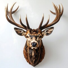 Deer head taxidermy, brown, antlers, on white wall. Detailed fur texture. Close shot of mounted wildlife