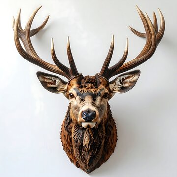 Deer head taxidermy, brown, antlers, on white wall. Detailed fur texture. Close shot of mounted wildlife