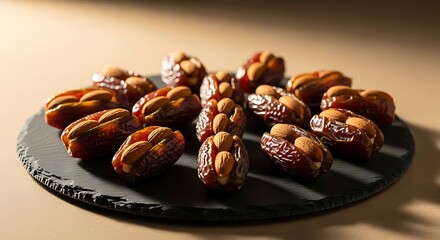 Obraz premium Delicious Assorted Nuts on Black Plate Healthy Snack Option for Food Lovers