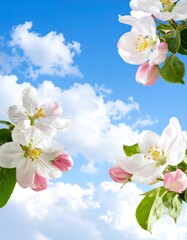 Delicate white & pink blossoms with green leaves against a vibrant blue sky dotted with fluffy white clouds create springtime feel