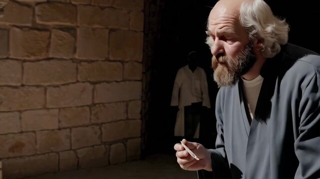 A public moment of accusation softens as a teaching redirects judgment into self-awareness and gentle help. Light, shadows, and close reactions make mercy visible.