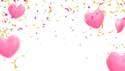 featuring floating pink hearts surrounded by sparkling gold and pink confetti and streamers against  clean  this high-quality image perfect  Valentine's Day birthdays
