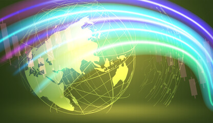 digital illustration representing the global financial market It features  stylized world map overlayed  glowing neon light trails  symbolizing global economic growth Ideal for FinTech investment 