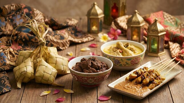 Traditional Hari Raya festive dishes : chicken curry, satay, Ketupat and beef rendang feast. Indonesian Eid food assortment