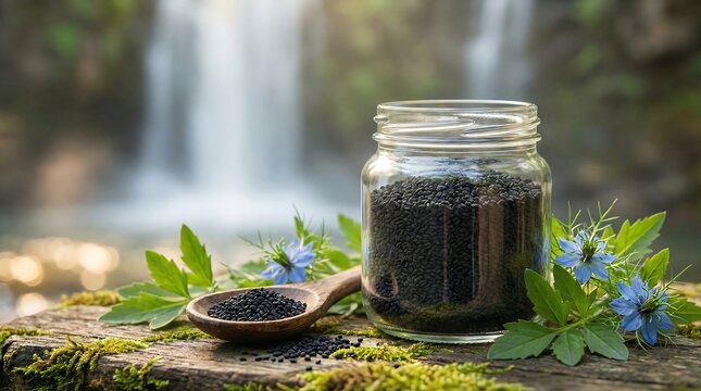 Black cumin seeds in a glass jar with tropical settings 