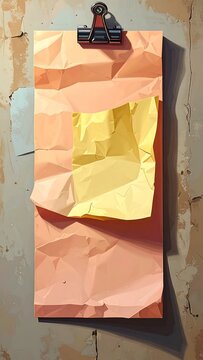 Clipboard with crumpled paper; peach background and bright yellow central note, aged wall visible