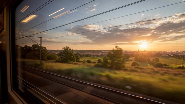 Scenic Train Journey Through Countryside at Sunset.