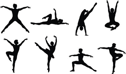 Set of professional male and female ballet dancer silhouettes, graceful figures performing classical dance poses, jumps, and artistic movements, vector illustration collection for theater,