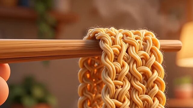 Surreal macro shot of knitted yarn noodles hanging from chopsticks.