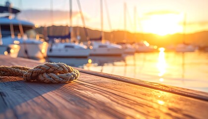 Dockside scene, sunlight on a wooden pier with boats, water reflections, and a sunset with mountains