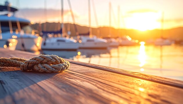 Dockside scene, sunlight on a wooden pier with boats, water reflections, and a sunset with mountains