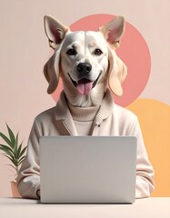 Dog with human features, wearing a blazer, sits at a desk using a laptop. A plant sits nearby on the desk