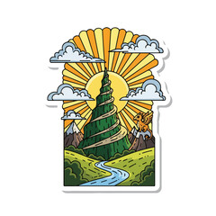 Obraz premium A tree wrapped in rope with a river and mountains