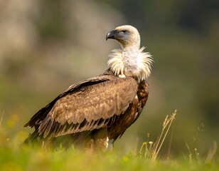 Fototapeta premium Majestic Griffon Vulture stands alert on a grassy slope, looking to the left side