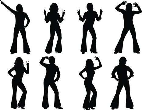 Set of retro disco dancer silhouettes, 70s fashion people dancing in bell bottom pants, joyful party poses, isolated vector illustration on white background,
